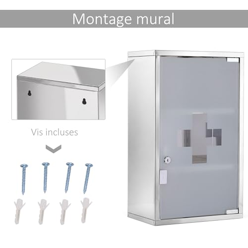 HOMCOM Wall Mounted 3 Tier Stainless Steel Medicine Cabinet with Lockable Glass Door with 2 Keys Storage Shelves Silver - Image 11