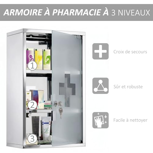 HOMCOM Wall Mounted 3 Tier Stainless Steel Medicine Cabinet with Lockable Glass Door with 2 Keys Storage Shelves Silver - Image 12