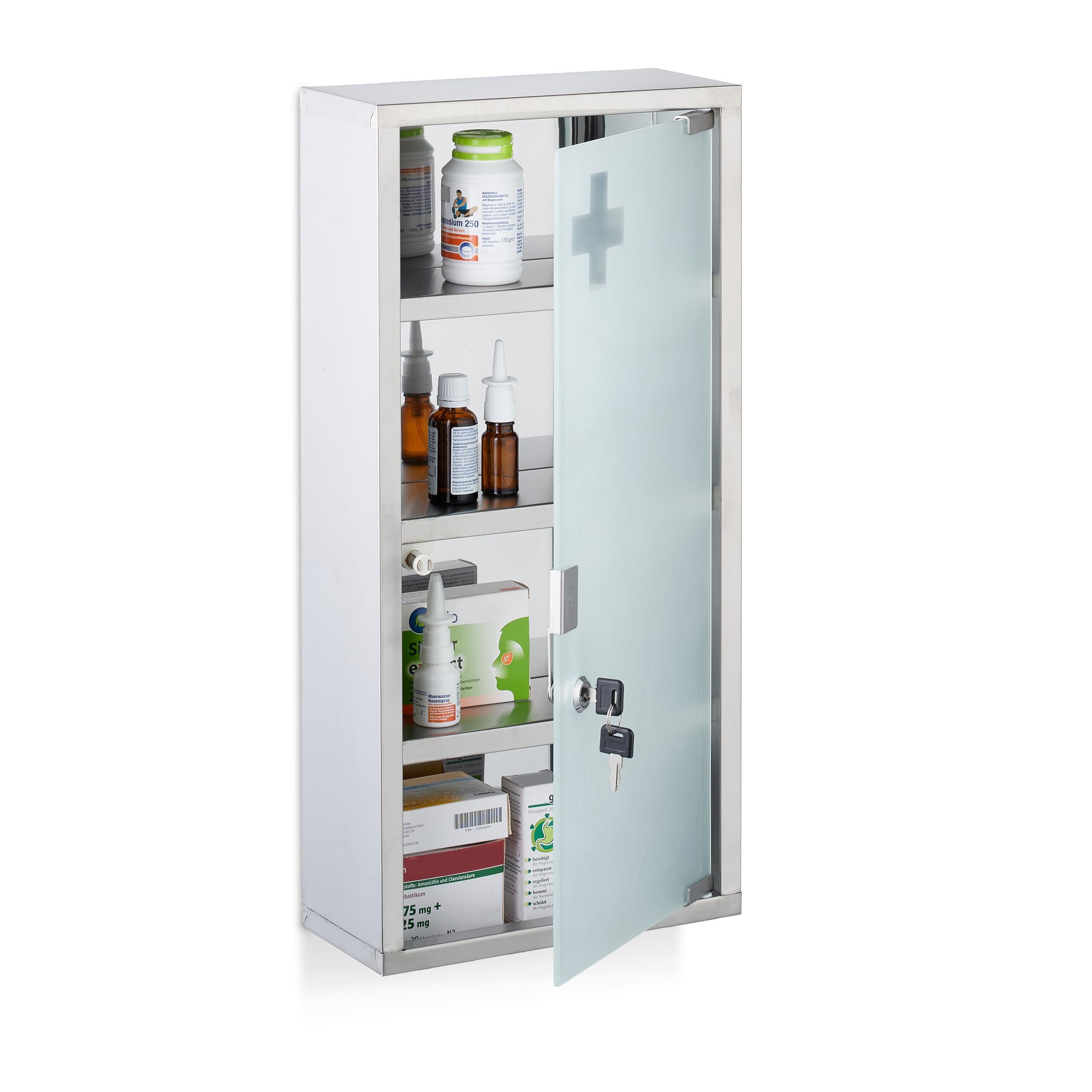 Relaxdays Medicine Cabinet, 4 Compartments, Stainless Steel and Opal Glass, H x W x D: 57 x 27 x 12 cm. silver - Image 1