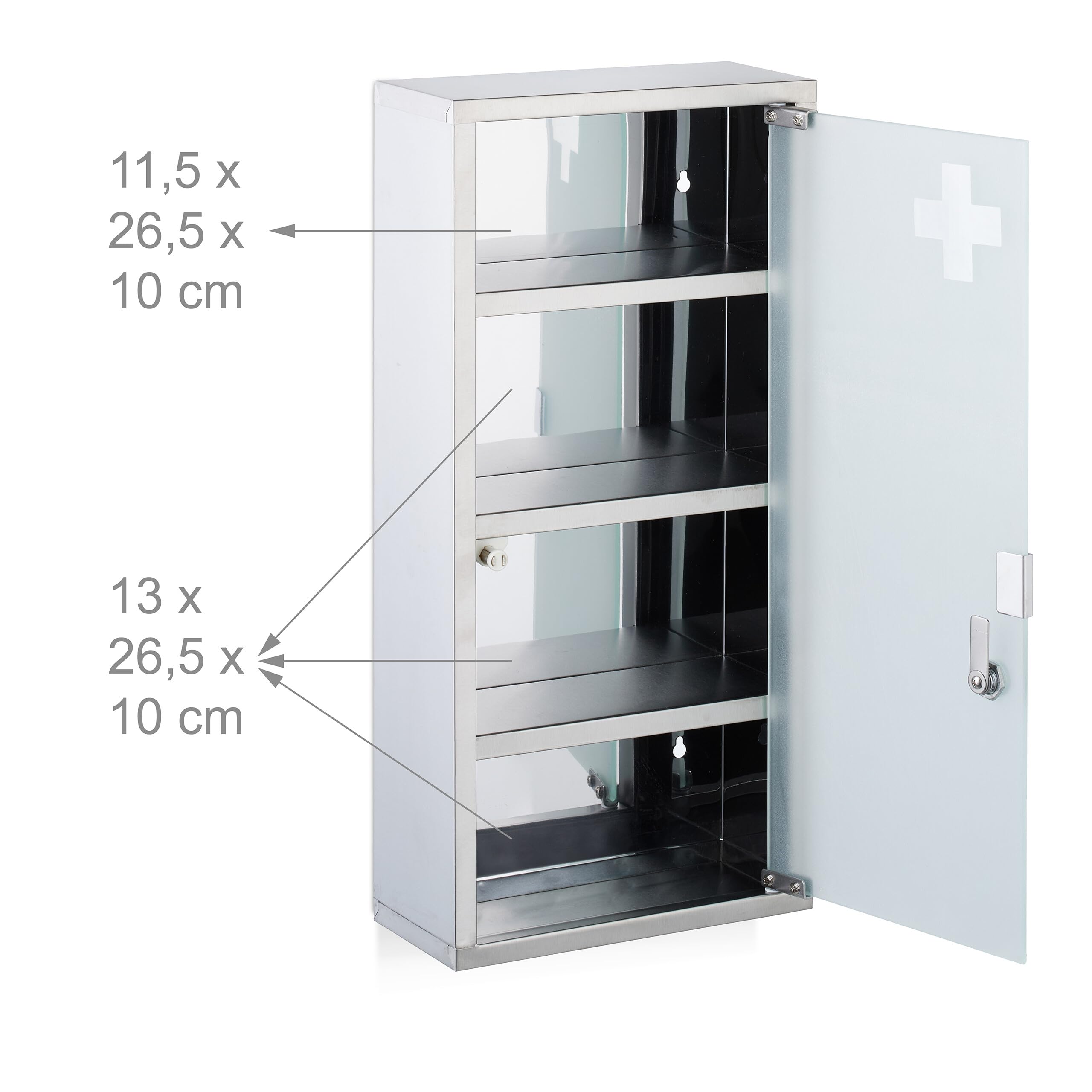 Relaxdays Medicine Cabinet, 4 Compartments, Stainless Steel and Opal Glass, H x W x D: 57 x 27 x 12 cm. silver - Image 4