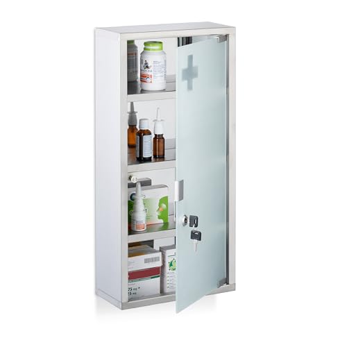 Relaxdays Medicine Cabinet, 4 Compartments, Stainless Steel and Opal Glass, H x W x D: 57 x 27 x 12 cm. silver - Image 5