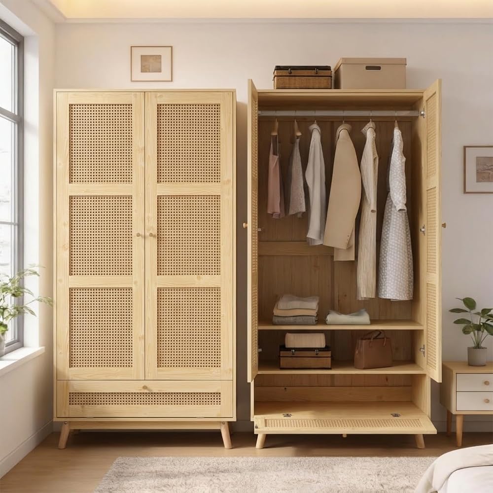 Bedroom wardrobe, wardrobe with wardrobe, 2 door wardrobe, bedroom, rattan net, living room, with folding bottom lid, particle board and PE rattan - Image 1