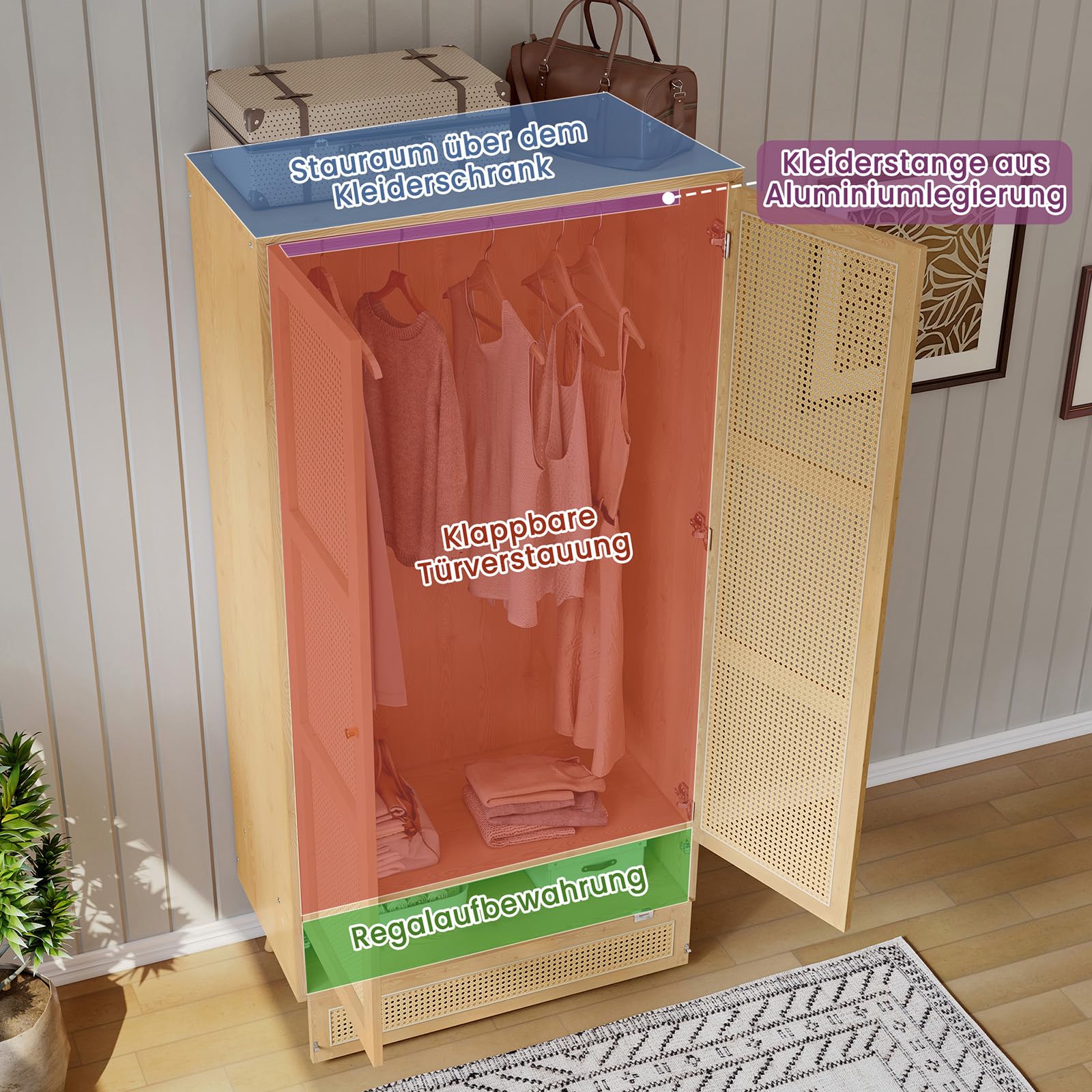 Bedroom wardrobe, wardrobe with wardrobe, 2 door wardrobe, bedroom, rattan net, living room, with folding bottom lid, particle board and PE rattan - Image 5