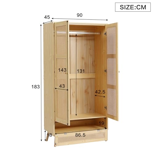 Bedroom wardrobe, wardrobe with wardrobe, 2 door wardrobe, bedroom, rattan net, living room, with folding bottom lid, particle board and PE rattan - Image 7