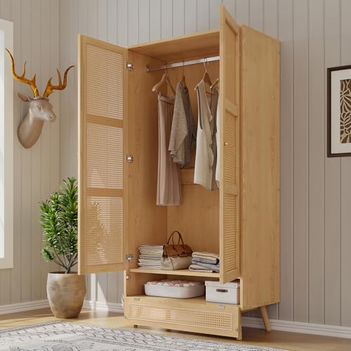 Bedroom wardrobe, wardrobe with wardrobe, 2 door wardrobe, bedroom, rattan net, living room, with folding bottom lid, particle board and PE rattan - Image 8