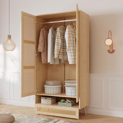 Bedroom wardrobe, wardrobe with wardrobe, 2 door wardrobe, bedroom, rattan net, living room, with folding bottom lid, particle board and PE rattan - Image 9