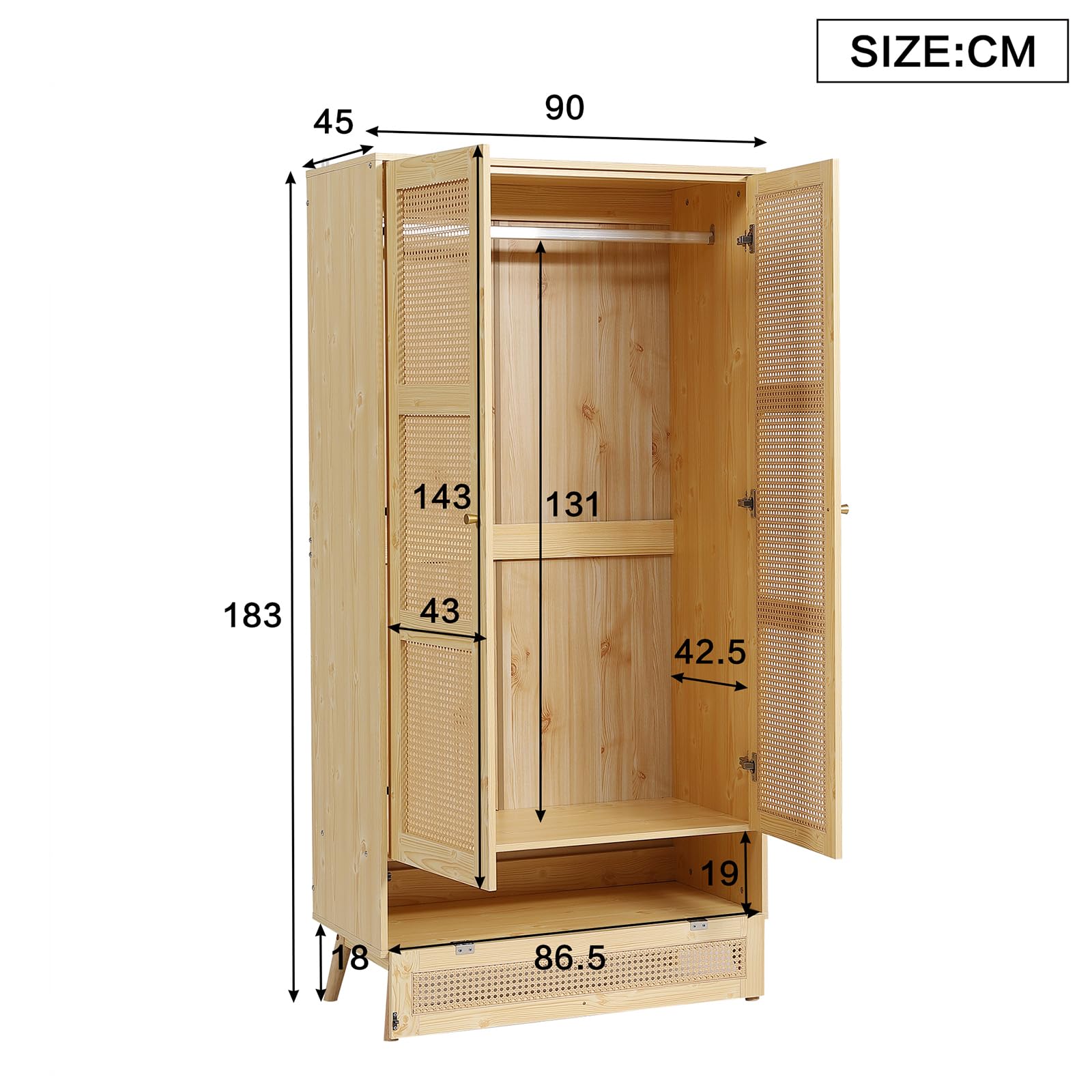 Bedroom wardrobe, wardrobe with wardrobe, 2 door wardrobe, bedroom, rattan net, living room, with folding bottom lid, particle board and PE rattan - Image 2