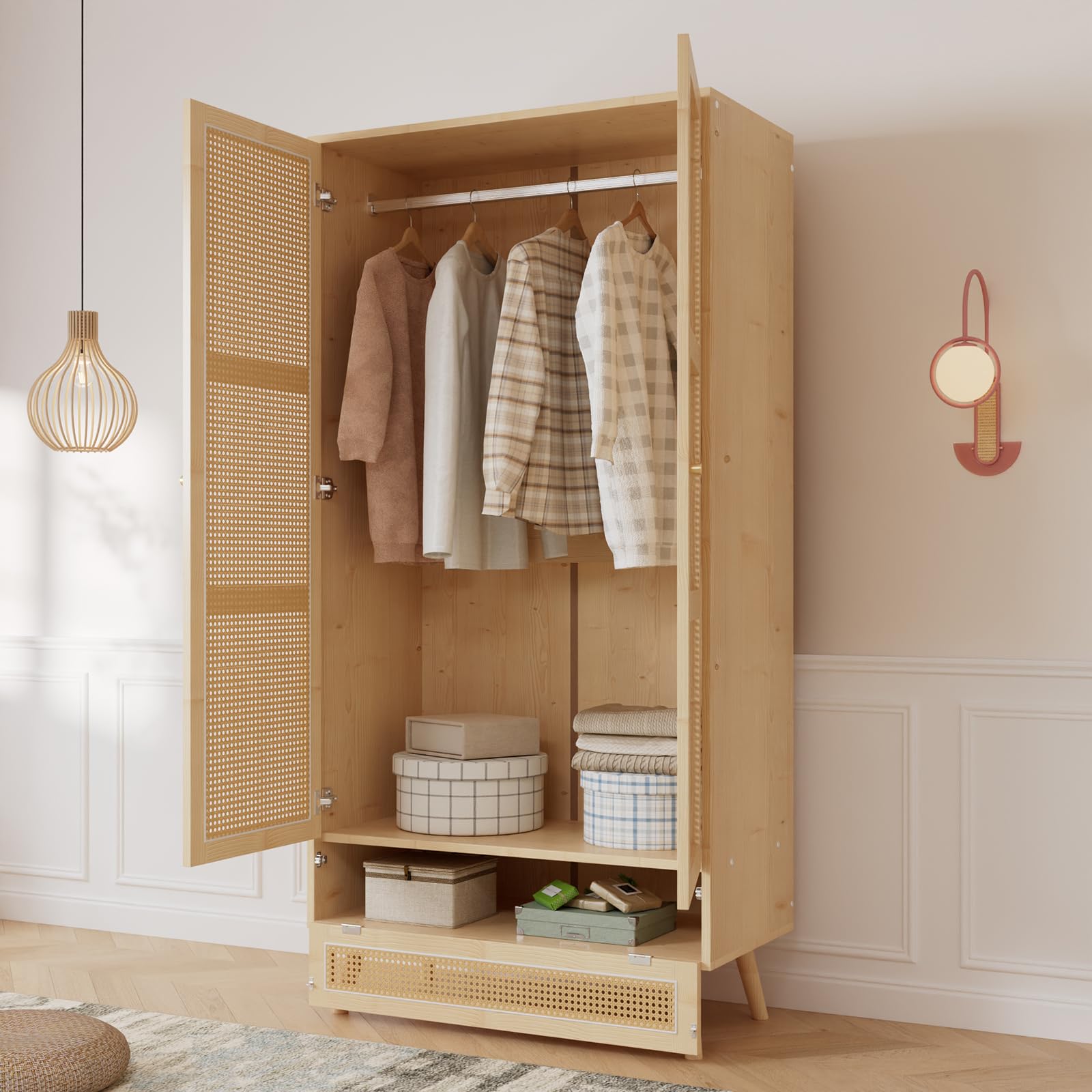 Bedroom wardrobe, wardrobe with wardrobe, 2 door wardrobe, bedroom, rattan net, living room, with folding bottom lid, particle board and PE rattan - Image 3