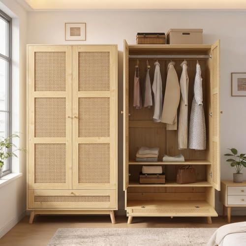 Bedroom wardrobe, wardrobe with wardrobe, 2 door wardrobe, bedroom, rattan net, living room, with folding bottom lid, particle board and PE rattan - Image 6