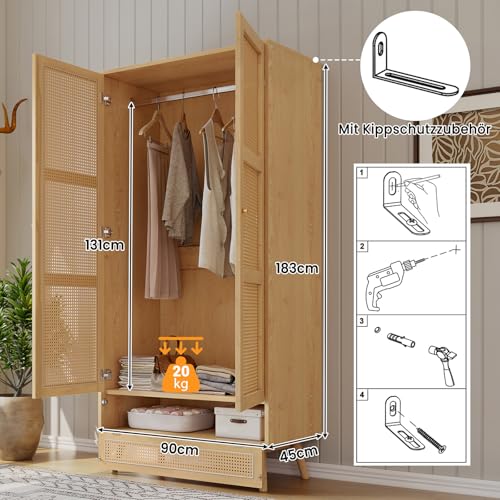 Bedroom wardrobe, wardrobe with wardrobe, 2 door wardrobe, bedroom, rattan net, living room, with folding bottom lid, particle board and PE rattan - Image 10