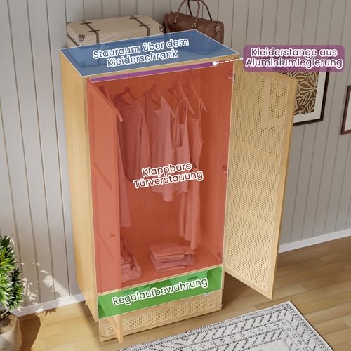 Bedroom wardrobe, wardrobe with wardrobe, 2 door wardrobe, bedroom, rattan net, living room, with folding bottom lid, particle board and PE rattan - Image 11