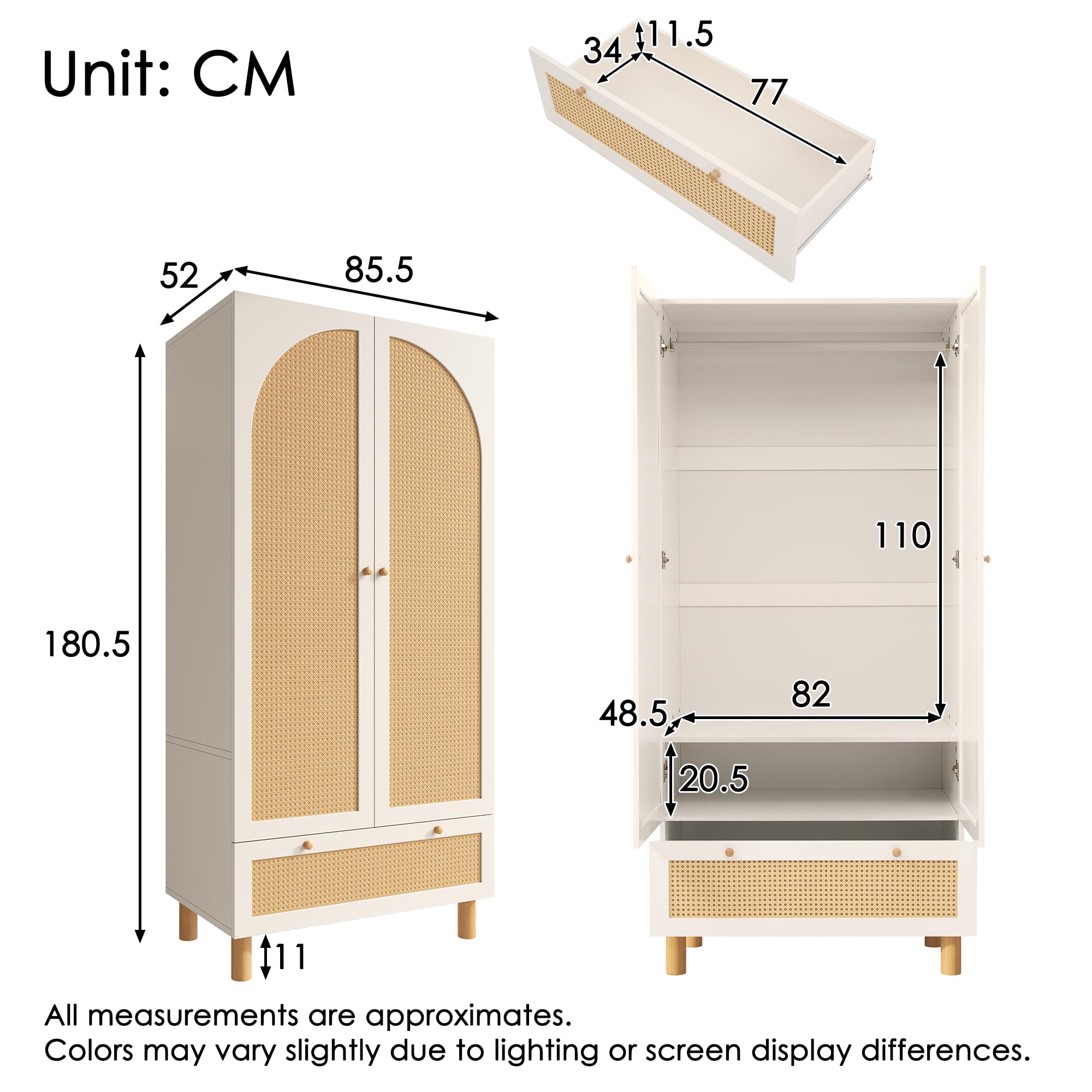 Bedroom Wardrobe, Rattan Wardrobe with 2 Doors with Large Drawer, Height Adjustable Shelves and Clothes Rail, Anti-Tip 180 x 85 x 52 cm - Image 1