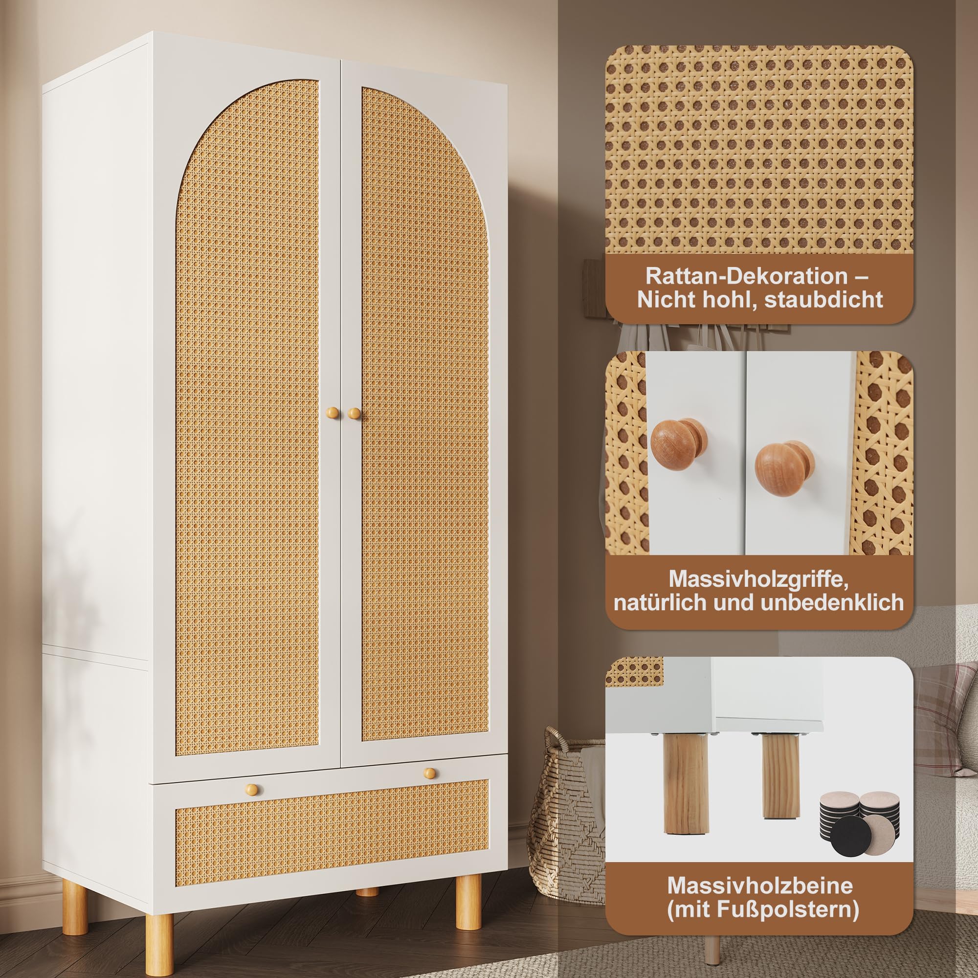 Bedroom Wardrobe, Rattan Wardrobe with 2 Doors with Large Drawer, Height Adjustable Shelves and Clothes Rail, Anti-Tip 180 x 85 x 52 cm - Image 3