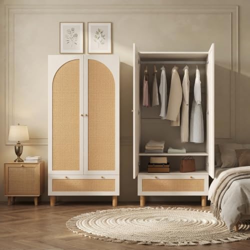 Bedroom Wardrobe, Rattan Wardrobe with 2 Doors with Large Drawer, Height Adjustable Shelves and Clothes Rail, Anti-Tip 180 x 85 x 52 cm - Image 6