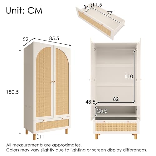 Bedroom Wardrobe, Rattan Wardrobe with 2 Doors with Large Drawer, Height Adjustable Shelves and Clothes Rail, Anti-Tip 180 x 85 x 52 cm - Image 7