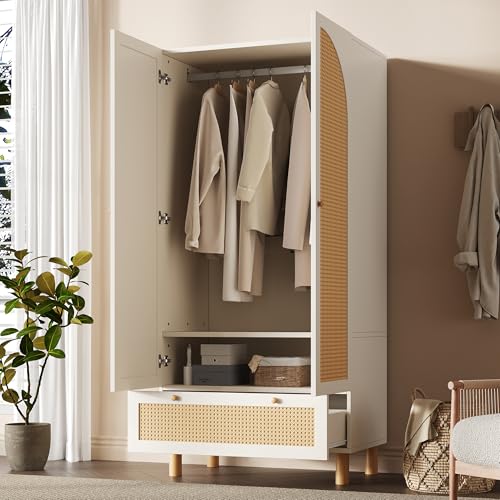 Bedroom Wardrobe, Rattan Wardrobe with 2 Doors with Large Drawer, Height Adjustable Shelves and Clothes Rail, Anti-Tip 180 x 85 x 52 cm - Image 8
