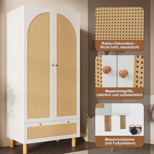 Bedroom Wardrobe, Rattan Wardrobe with 2 Doors with Large Drawer, Height Adjustable Shelves and Clothes Rail, Anti-Tip 180 x 85 x 52 cm - Image 9