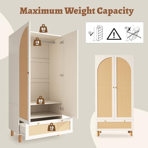 Bedroom Wardrobe, Rattan Wardrobe with 2 Doors with Large Drawer, Height Adjustable Shelves and Clothes Rail, Anti-Tip 180 x 85 x 52 cm - Image 11