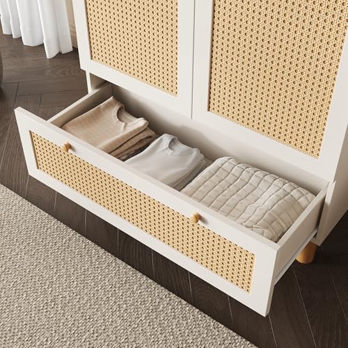 Bedroom Wardrobe, Rattan Wardrobe with 2 Doors with Large Drawer, Height Adjustable Shelves and Clothes Rail, Anti-Tip 180 x 85 x 52 cm - Image 12