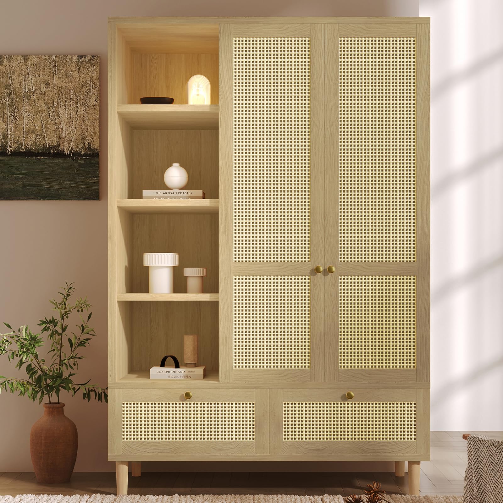 Wardrobe Bedroom, Wardrobe with Wardrobe, Wardrobe 2 Doors, Bedroom, Rattan Netting, Living Room, with Folding Bottom Lid, Particle Board and PE Rattan (Oak-1, 120×50×180 cm) - Image 1