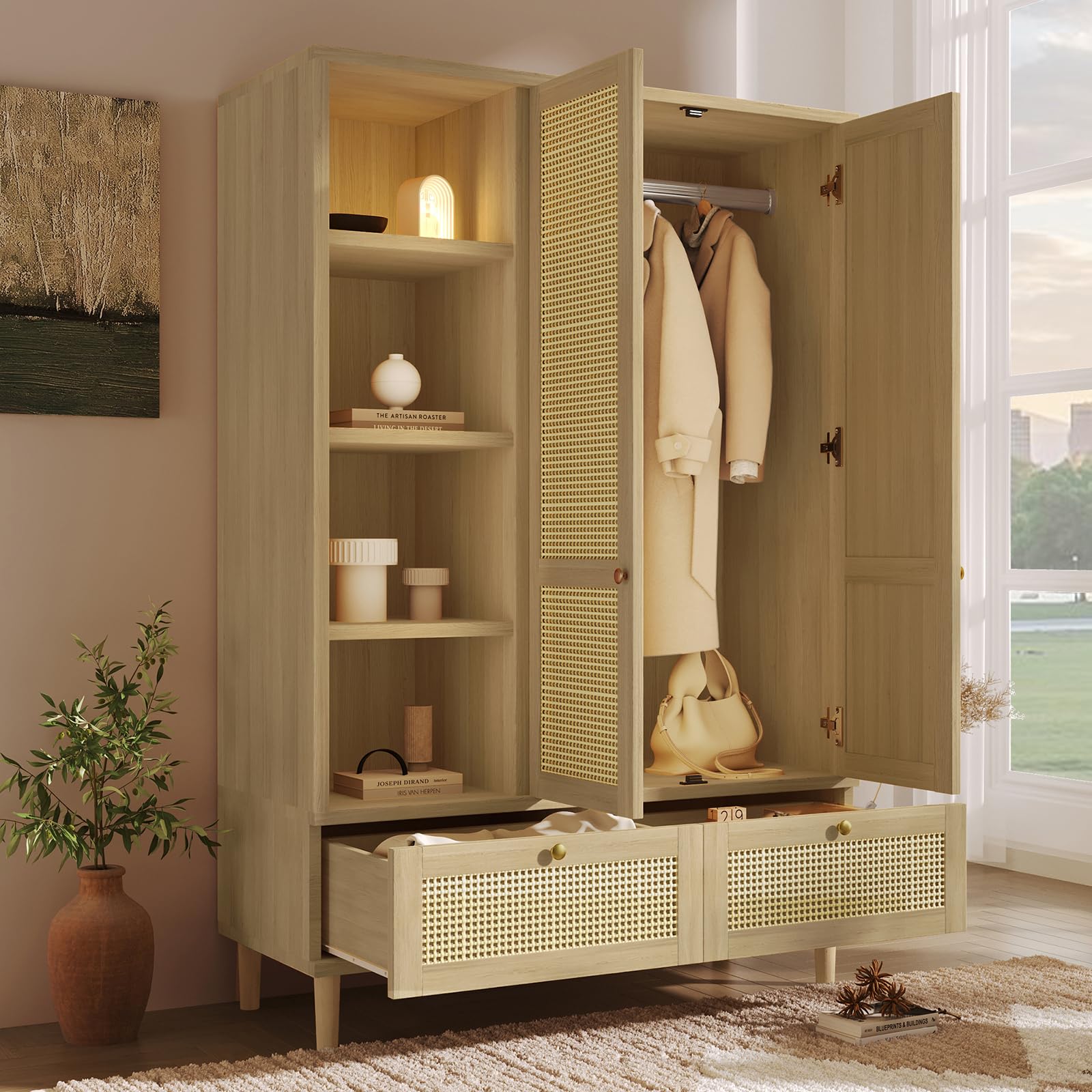 Wardrobe Bedroom, Wardrobe with Wardrobe, Wardrobe 2 Doors, Bedroom, Rattan Netting, Living Room, with Folding Bottom Lid, Particle Board and PE Rattan (Oak-1, 120×50×180 cm) - Image 2