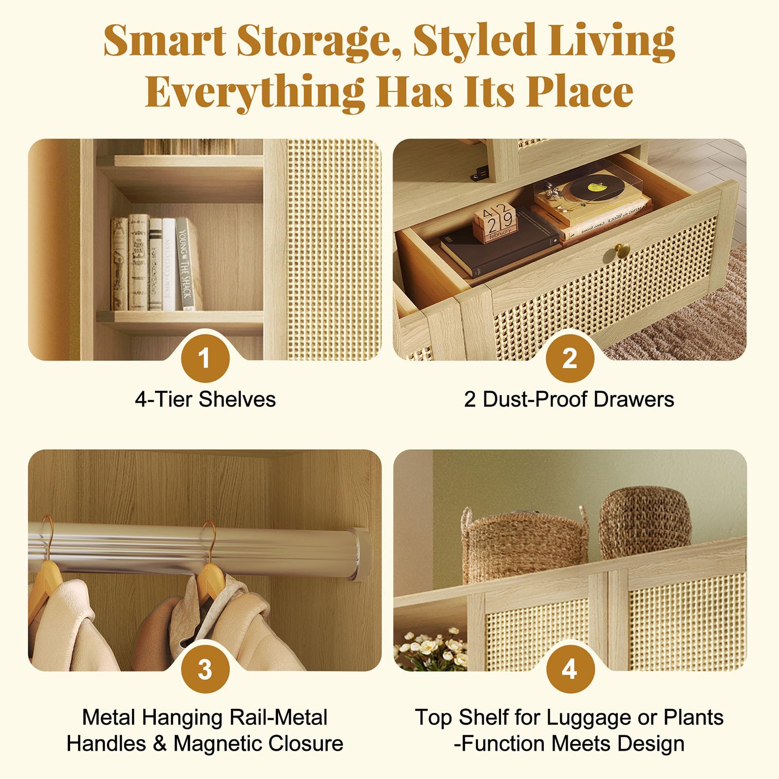 Wardrobe Bedroom, Wardrobe with Wardrobe, Wardrobe 2 Doors, Bedroom, Rattan Netting, Living Room, with Folding Bottom Lid, Particle Board and PE Rattan (Oak-1, 120×50×180 cm) - Image 3