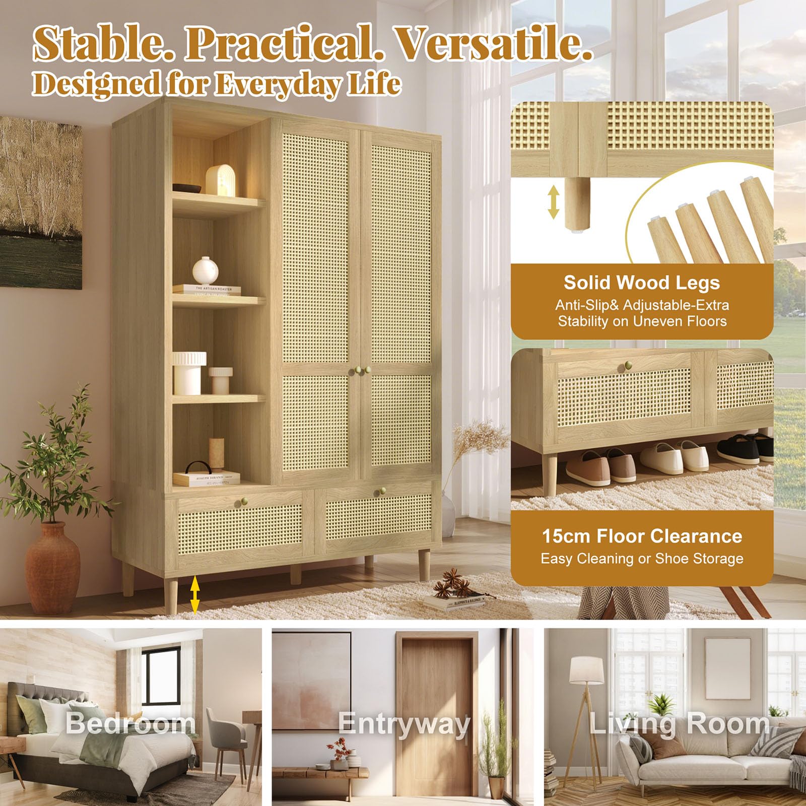 Wardrobe Bedroom, Wardrobe with Wardrobe, Wardrobe 2 Doors, Bedroom, Rattan Netting, Living Room, with Folding Bottom Lid, Particle Board and PE Rattan (Oak-1, 120×50×180 cm) - Image 4