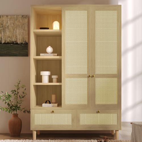 Wardrobe Bedroom, Wardrobe with Wardrobe, Wardrobe 2 Doors, Bedroom, Rattan Netting, Living Room, with Folding Bottom Lid, Particle Board and PE Rattan (Oak-1, 120×50×180 cm) - Image 6