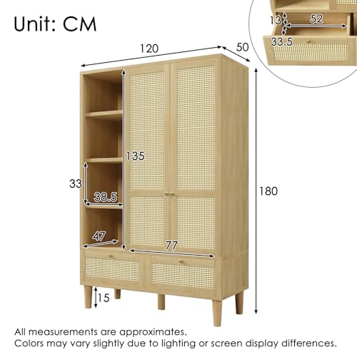 Wardrobe Bedroom, Wardrobe with Wardrobe, Wardrobe 2 Doors, Bedroom, Rattan Netting, Living Room, with Folding Bottom Lid, Particle Board and PE Rattan (Oak-1, 120×50×180 cm) - Image 7