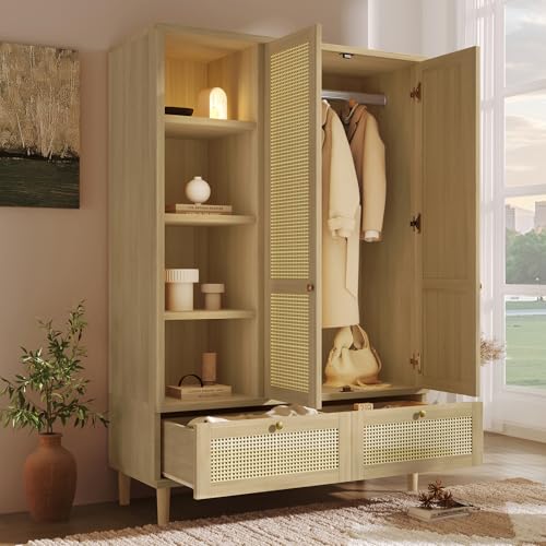 Wardrobe Bedroom, Wardrobe with Wardrobe, Wardrobe 2 Doors, Bedroom, Rattan Netting, Living Room, with Folding Bottom Lid, Particle Board and PE Rattan (Oak-1, 120×50×180 cm) - Image 8
