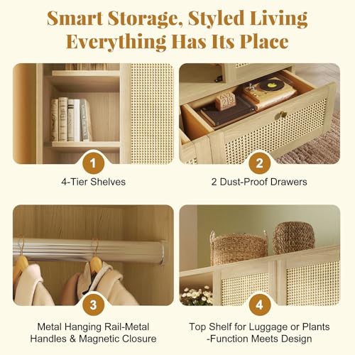 Wardrobe Bedroom, Wardrobe with Wardrobe, Wardrobe 2 Doors, Bedroom, Rattan Netting, Living Room, with Folding Bottom Lid, Particle Board and PE Rattan (Oak-1, 120×50×180 cm) - Image 9