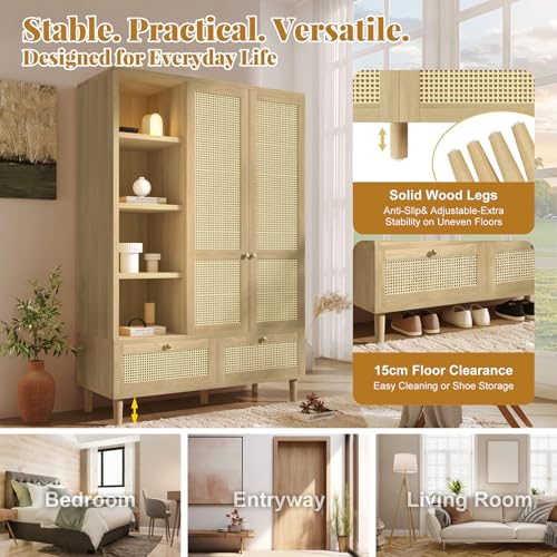 Wardrobe Bedroom, Wardrobe with Wardrobe, Wardrobe 2 Doors, Bedroom, Rattan Netting, Living Room, with Folding Bottom Lid, Particle Board and PE Rattan (Oak-1, 120×50×180 cm) - Image 10