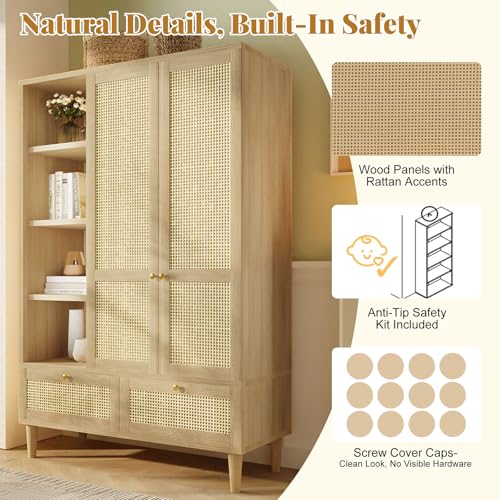 Wardrobe Bedroom, Wardrobe with Wardrobe, Wardrobe 2 Doors, Bedroom, Rattan Netting, Living Room, with Folding Bottom Lid, Particle Board and PE Rattan (Oak-1, 120×50×180 cm) - Image 11