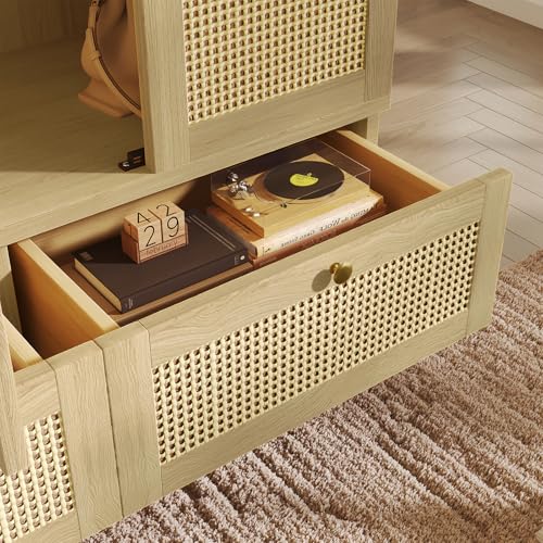 Wardrobe Bedroom, Wardrobe with Wardrobe, Wardrobe 2 Doors, Bedroom, Rattan Netting, Living Room, with Folding Bottom Lid, Particle Board and PE Rattan (Oak-1, 120×50×180 cm) - Image 12