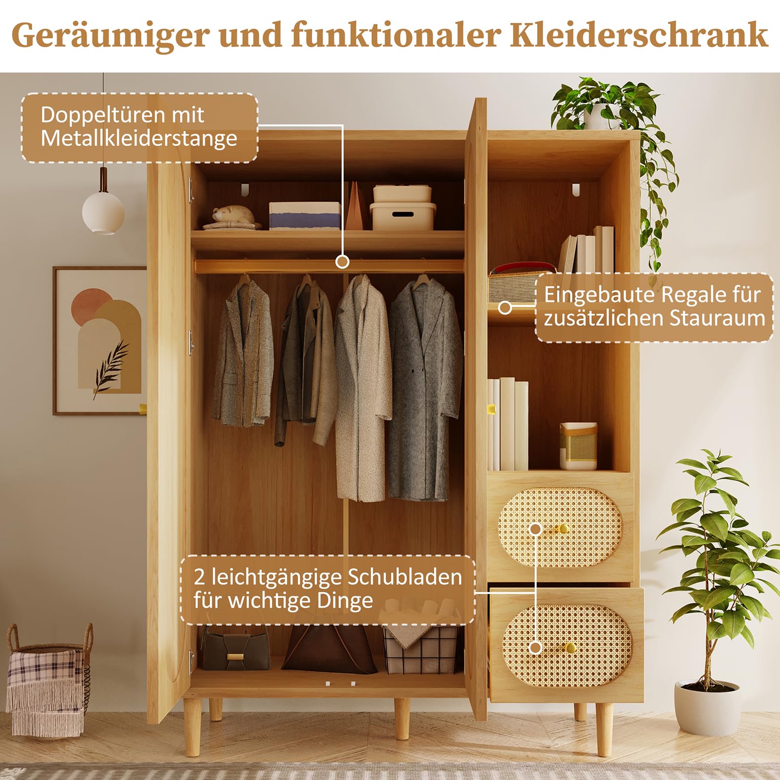 Wardrobe Bedroom, Wardrobe with Wardrobe, Wardrobe 2 Doors, Bedroom, Rattan Netting, Living Room, with Folding Bottom Lid, Particle Board and PE Rattan (Oak-2, 120×44×161 cm) - Image 3