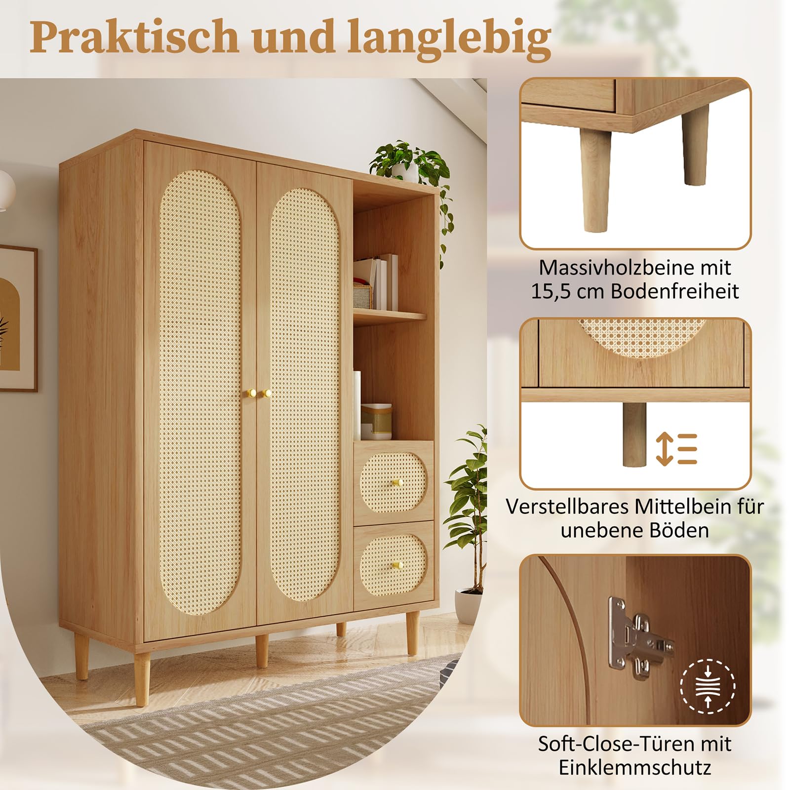 Wardrobe Bedroom, Wardrobe with Wardrobe, Wardrobe 2 Doors, Bedroom, Rattan Netting, Living Room, with Folding Bottom Lid, Particle Board and PE Rattan (Oak-2, 120×44×161 cm) - Image 4