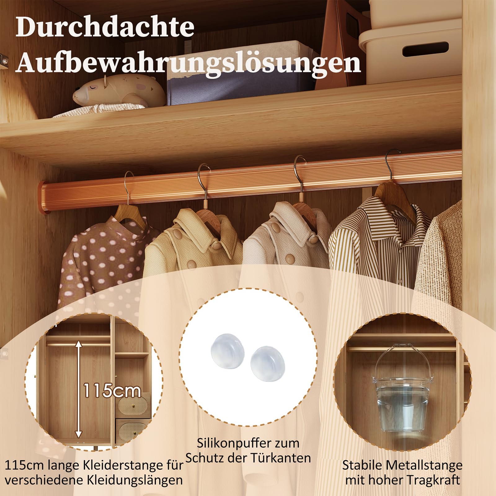 Wardrobe Bedroom, Wardrobe with Wardrobe, Wardrobe 2 Doors, Bedroom, Rattan Netting, Living Room, with Folding Bottom Lid, Particle Board and PE Rattan (Oak-2, 120×44×161 cm) - Image 5