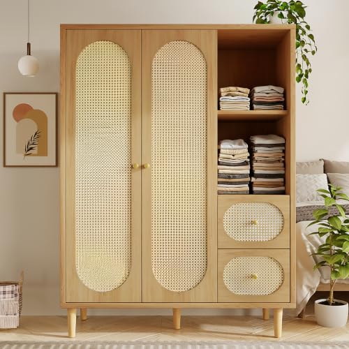 Wardrobe Bedroom, Wardrobe with Wardrobe, Wardrobe 2 Doors, Bedroom, Rattan Netting, Living Room, with Folding Bottom Lid, Particle Board and PE Rattan (Oak-2, 120×44×161 cm) - Image 7