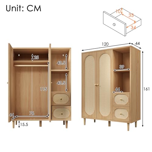 Wardrobe Bedroom, Wardrobe with Wardrobe, Wardrobe 2 Doors, Bedroom, Rattan Netting, Living Room, with Folding Bottom Lid, Particle Board and PE Rattan (Oak-2, 120×44×161 cm) - Image 8