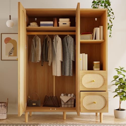 Wardrobe Bedroom, Wardrobe with Wardrobe, Wardrobe 2 Doors, Bedroom, Rattan Netting, Living Room, with Folding Bottom Lid, Particle Board and PE Rattan (Oak-2, 120×44×161 cm) - Image 9
