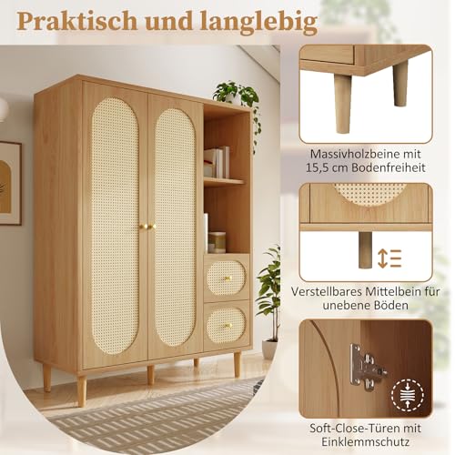Wardrobe Bedroom, Wardrobe with Wardrobe, Wardrobe 2 Doors, Bedroom, Rattan Netting, Living Room, with Folding Bottom Lid, Particle Board and PE Rattan (Oak-2, 120×44×161 cm) - Image 11