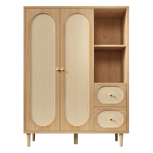 Wardrobe Bedroom, Wardrobe with Wardrobe, Wardrobe 2 Doors, Bedroom, Rattan Netting, Living Room, with Folding Bottom Lid, Particle Board and PE Rattan (Oak-2, 120×44×161 cm) - Image 13