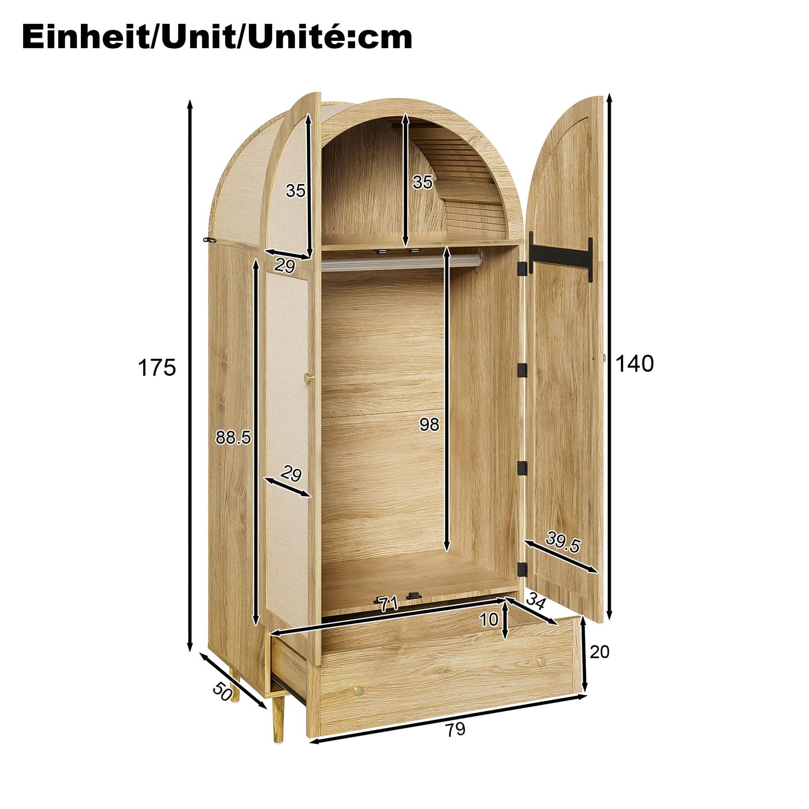 Bedroom Wardrobe, 2 Door Rattan Wardrobe with Large Drawer, Height Adjustable Shelves And Clothes Rail, Anti-Tip 175×79×50 Cm - Image 3