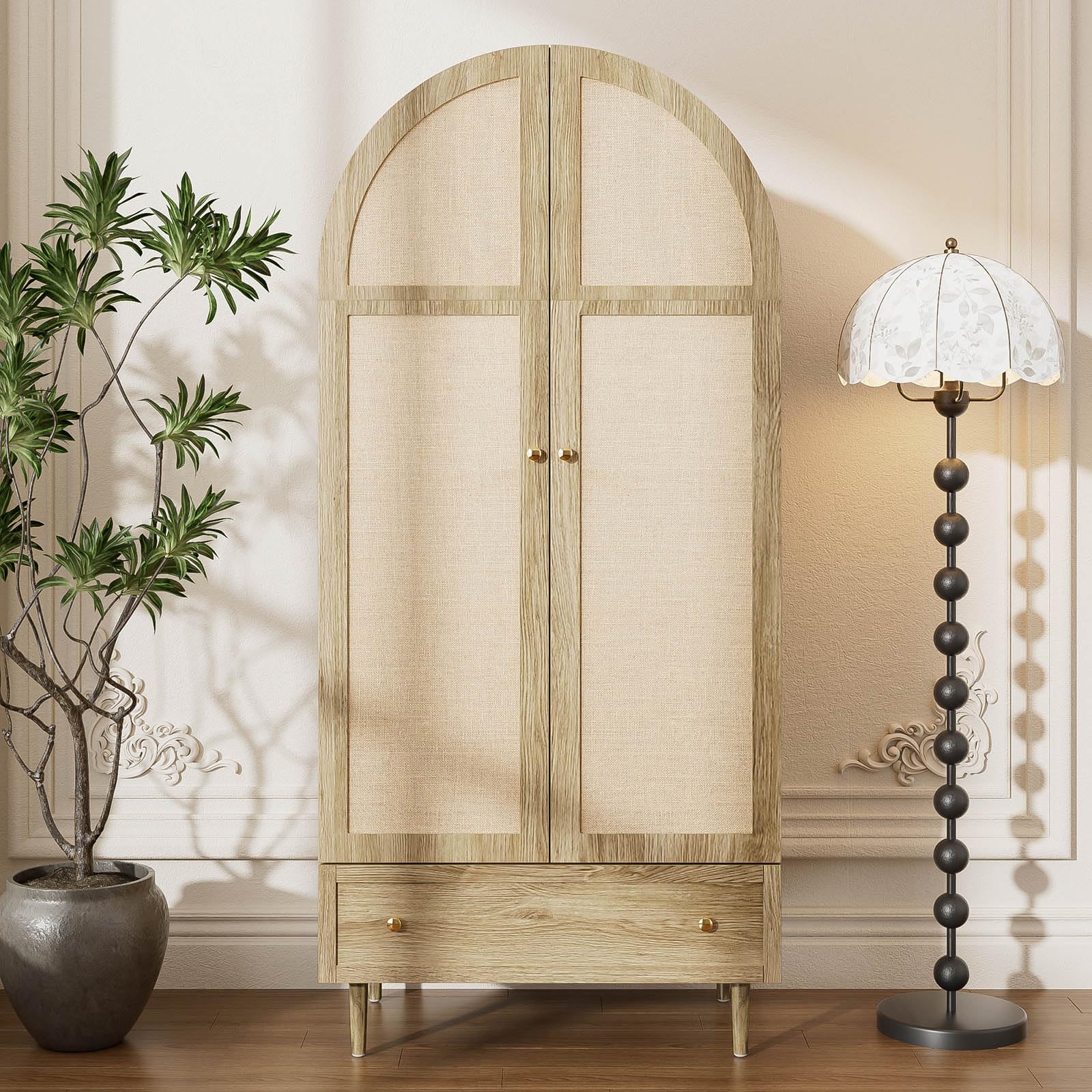 Bedroom Wardrobe, 2 Door Rattan Wardrobe with Large Drawer, Height Adjustable Shelves And Clothes Rail, Anti-Tip 175×79×50 Cm - Image 4