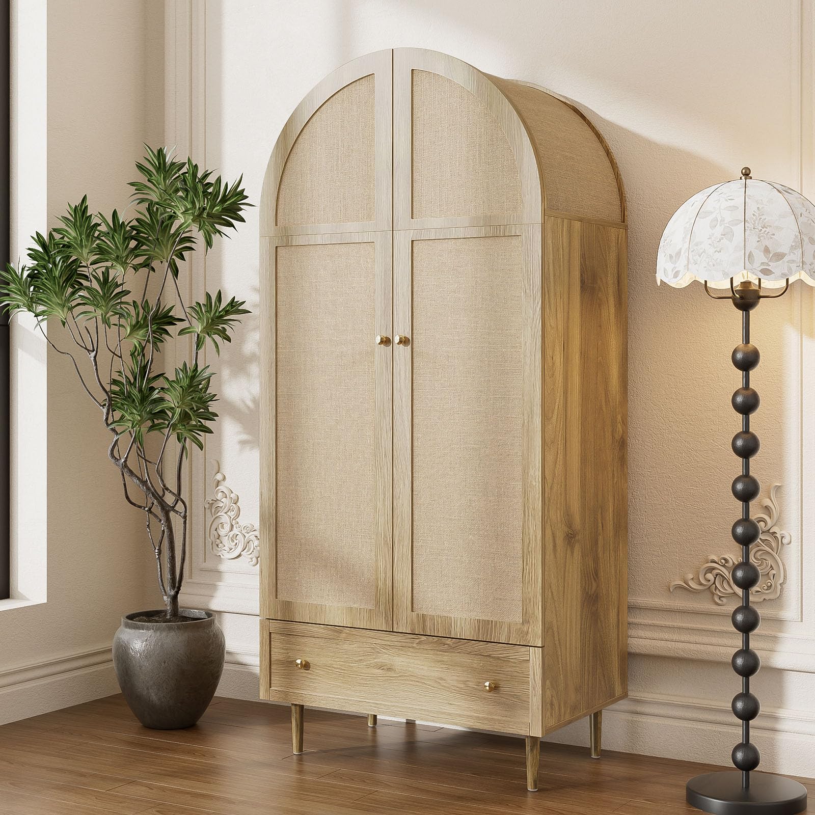 Bedroom Wardrobe, 2 Door Rattan Wardrobe with Large Drawer, Height Adjustable Shelves And Clothes Rail, Anti-Tip 175×79×50 Cm - Image 5