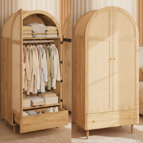 Bedroom Wardrobe, 2 Door Rattan Wardrobe with Large Drawer, Height Adjustable Shelves And Clothes Rail, Anti-Tip 175×79×50 Cm - Image 7
