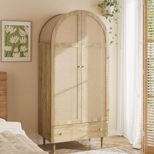 Bedroom Wardrobe, 2 Door Rattan Wardrobe with Large Drawer, Height Adjustable Shelves And Clothes Rail, Anti-Tip 175×79×50 Cm - Image 8