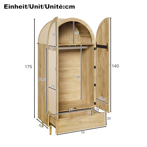 Bedroom Wardrobe, 2 Door Rattan Wardrobe with Large Drawer, Height Adjustable Shelves And Clothes Rail, Anti-Tip 175×79×50 Cm - Image 9