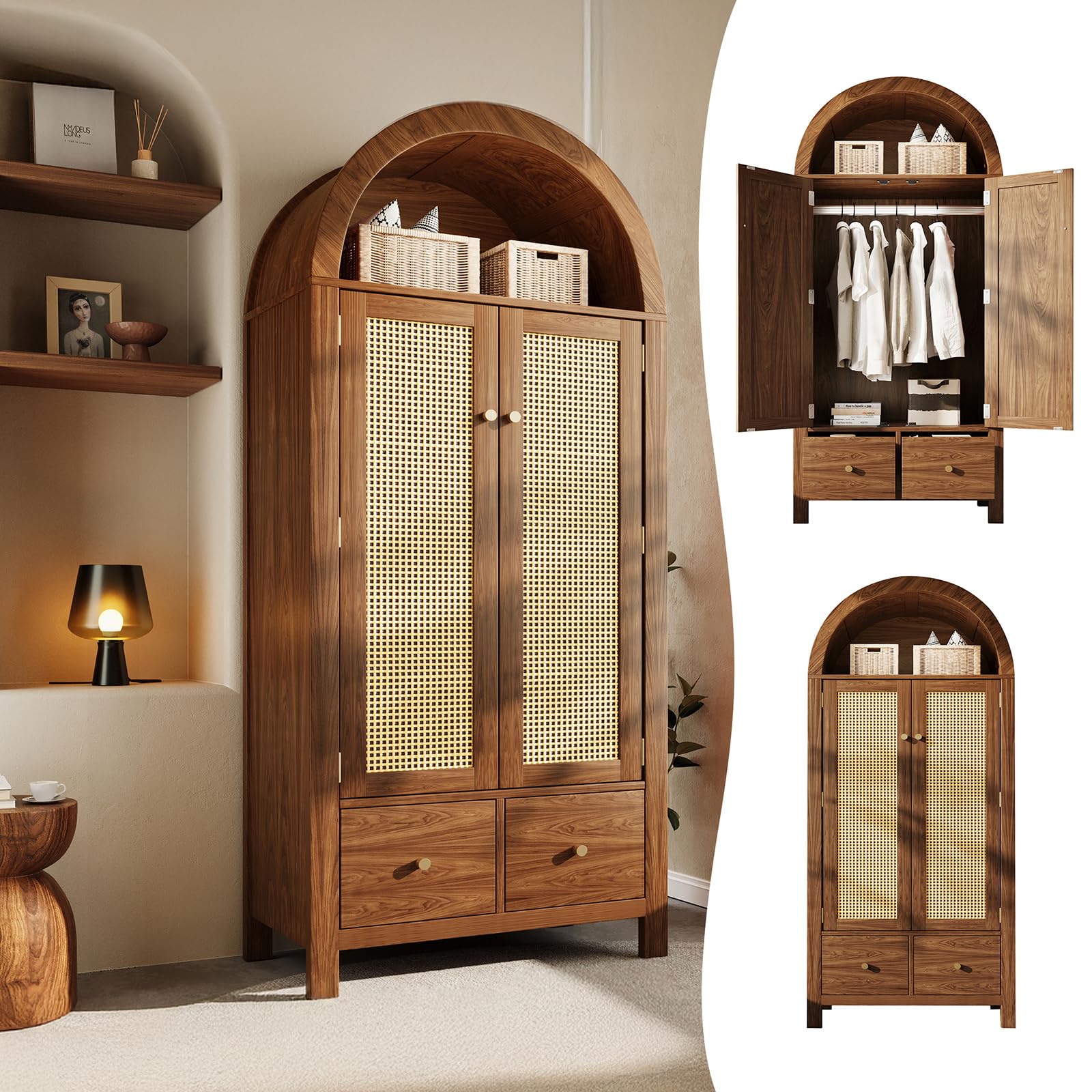Wardrobe Bedroom, Wardrobe with Wardrobe, Wardrobe 2 Doors, Bedroom, Rattan Netting, Living Room, with Folding Bottom Lid, Particle Board and PE Rattan (Walnut-1, 78×45×181 cm) - Image 1