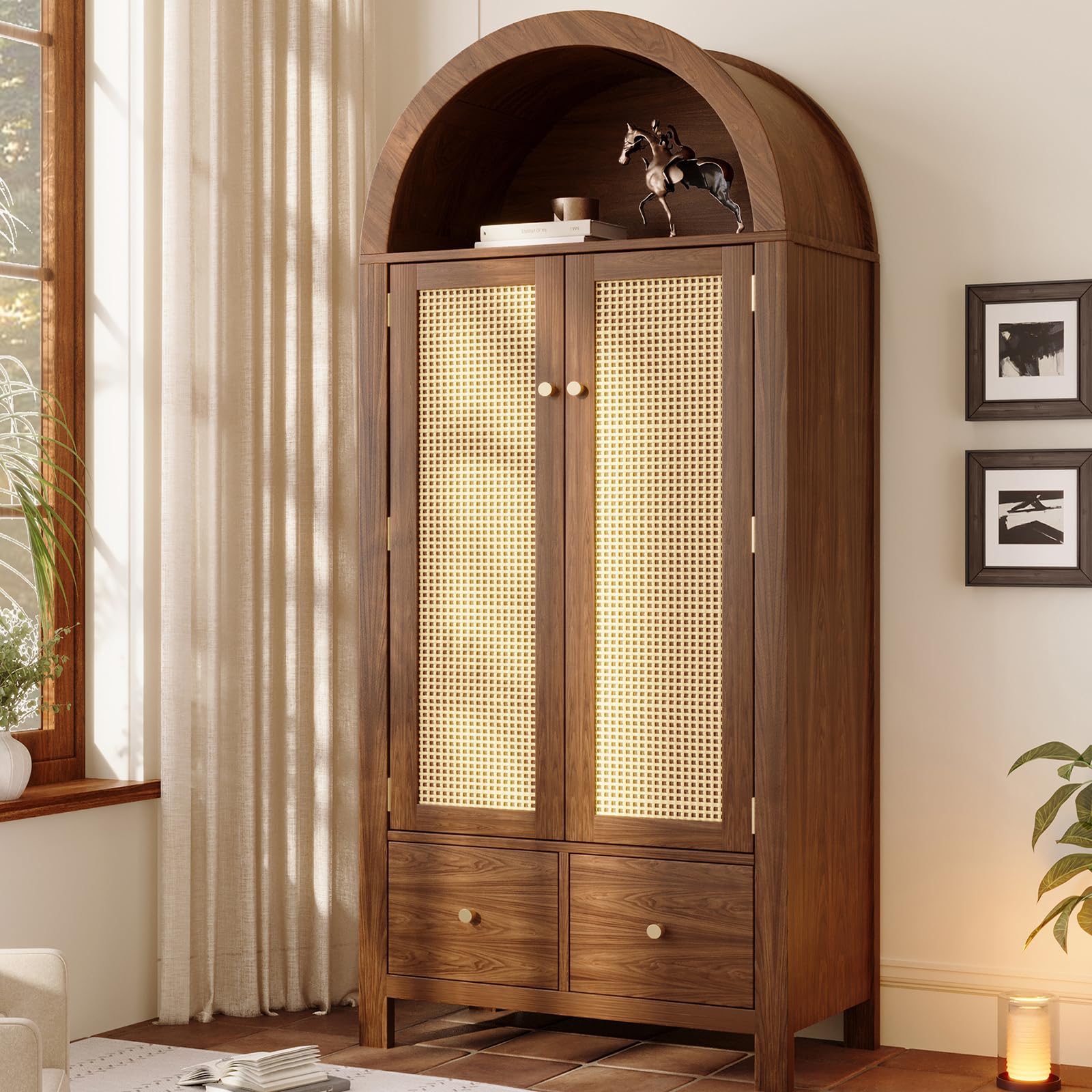 Wardrobe Bedroom, Wardrobe with Wardrobe, Wardrobe 2 Doors, Bedroom, Rattan Netting, Living Room, with Folding Bottom Lid, Particle Board and PE Rattan (Walnut-1, 78×45×181 cm) - Image 2